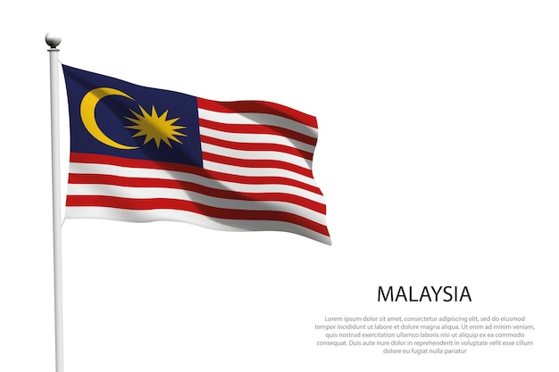 Bandera nacional de Malasia aislada ondeando sobre un fondo blanco