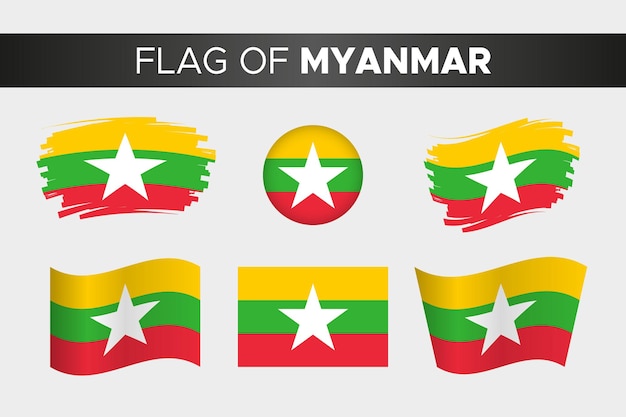 Bandera nacional de myanmar o birmania en estilo de botón de círculo ondulado de trazo de pincel y diseño plano