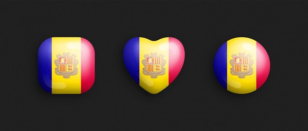 Vector bandera nacional oficial de andorra iconos brillantes vectoriales 3d en forma de corazón y círculo cuadrado redondeado aislado en el fondo signo y símbolos andorranos elementos de diseño gráfico botones volumétricos colección