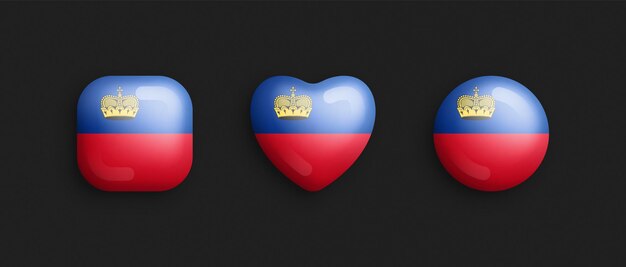 Bandera nacional oficial de Liechtenstein Iconos brillantes vectoriales 3D en forma de corazón y círculo cuadrado redondeado aislado en el fondo Signo y símbolos Elementos de diseño gráfico Botones volumétricos Colección