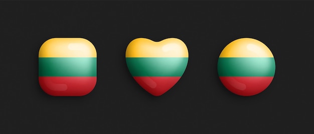 Vector bandera nacional oficial de lituania iconos brillantes vectoriales 3d en forma de corazón y círculo cuadrado redondeado aislado en el fondo signo y símbolo lituano elementos de diseño gráfico botones volumétricos colección