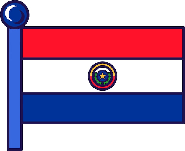 Bandera nacional del país de Paraguay en el vector del asta de la bandera Tribanda horizontal de rojo blanco y azul desfigurada en el anverso con el escudo de armas de la república Símbolo patriótico oficial ilustración de caricatura plana