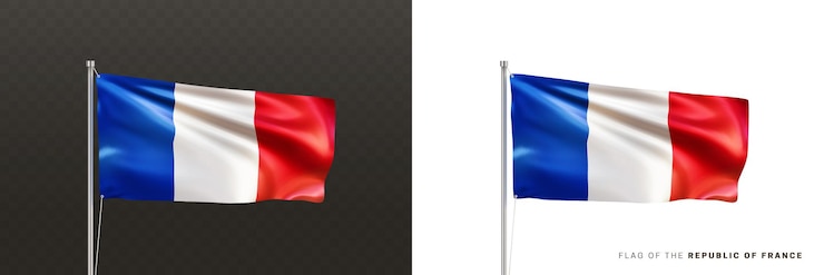 Vector bandera nacional realista de la república de francia en un mástil de metal bandera francesa en 3d