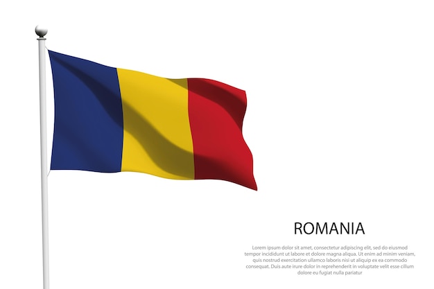 Bandera nacional de Rumania aislada ondeando sobre un fondo blanco