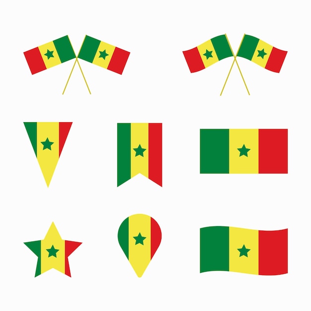 Bandera nacional de Senegal en diferentes formas Colección de etiquetas de bandera de Senegal Conjunto de iconos de la bandera de Senegal