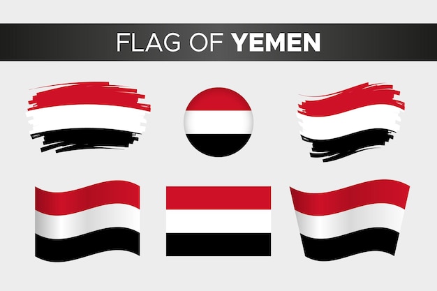 Bandera nacional de yemen en estilo de botón de círculo ondulado de trazo de pincel y diseño plano