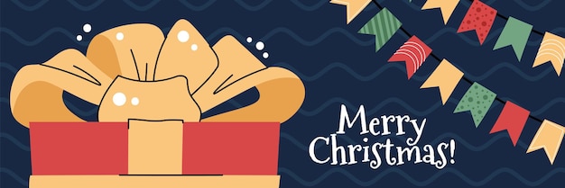 bandera de Navidad horizontal con una caja de regalo roja una guirnalda en un vector de estilo de dibujos animados plano