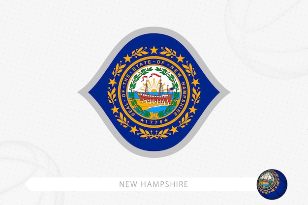 Bandera de New Hampshire para la competencia de baloncesto sobre fondo de baloncesto gris.