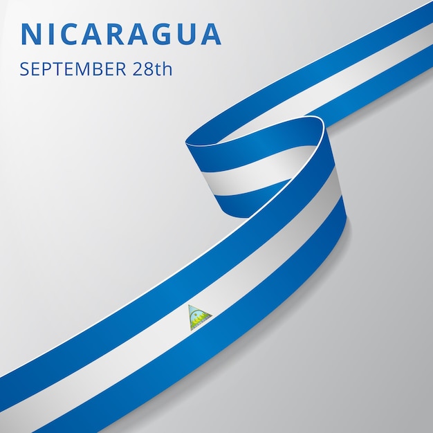 Bandera de Nicaragua. 28 de septiembre. Ilustración vectorial. Cinta ondulada sobre fondo gris. Día de la Independencia. Símbolo nacional.