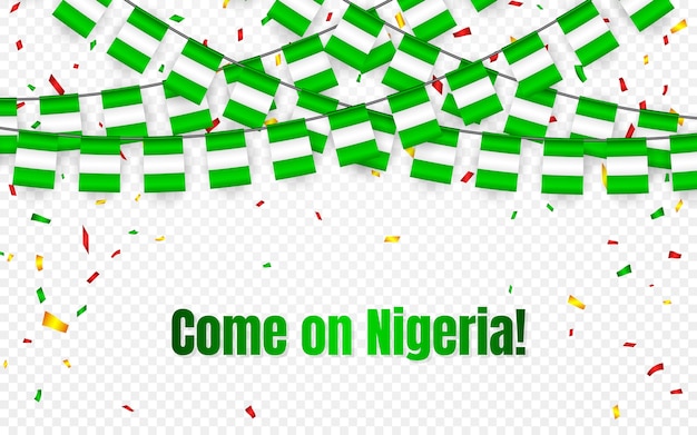 Bandera de nigeria garland con confeti sobre fondo transparente, colgar banderines para banner de plantilla de celebración,