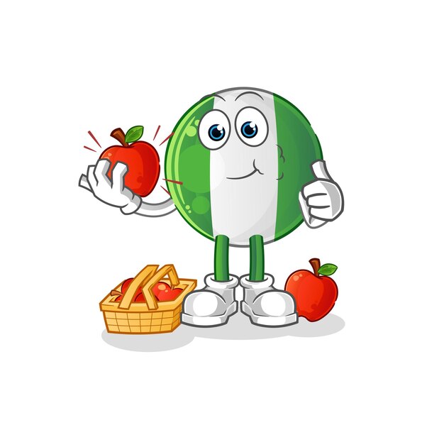 bandera nigeriana comiendo una ilustración de manzana. vector de caracteres