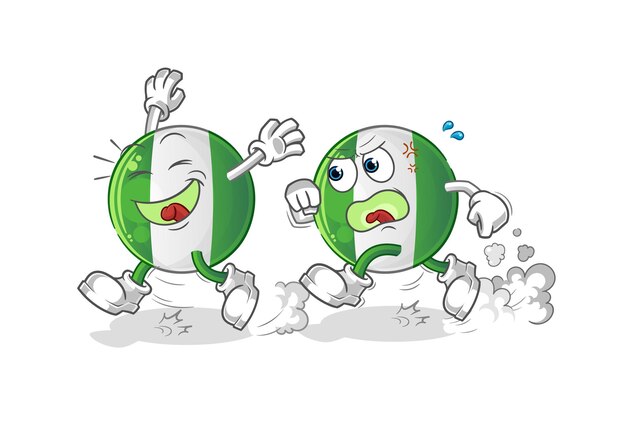 La bandera nigeriana juega una caricatura de persecución. vector de mascota de dibujos animados
