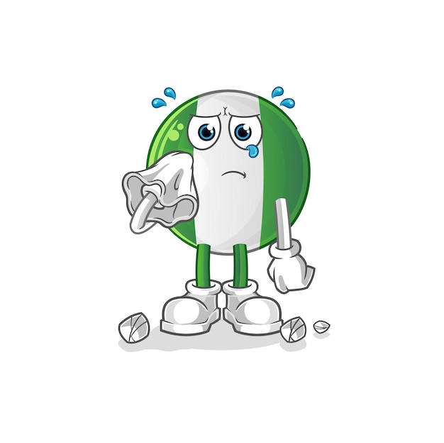 La bandera nigeriana llora con un pañuelo. vector de mascota de dibujos animados