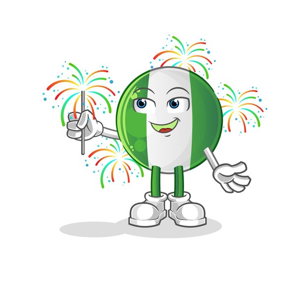 Bandera nigeriana con vector de dibujos animados de mascota de fuegos artificiales