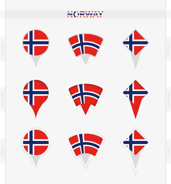 Bandera de noruega conjunto de iconos de pin de ubicación de la bandera de noruega