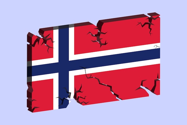 Bandera de Noruega en el patrón de fractura de vector de pared agrietada 3D con concepto de problemas de textura agrietada