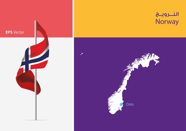 Bandera de Noruega sobre fondo blanco con mapa