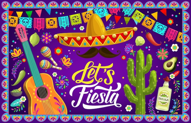 Bandera o volante de fiesta mexicana con guitarra sombrero y banderas de papel picado telón de fondo vectorial festival de vacaciones de méxico tequila cactus de aguacate con maracas y bigotes en marco de paper picado