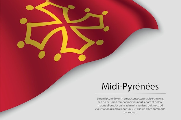 La bandera de onda de midipyrenees es una región de francia banner o plantilla de vector de cinta