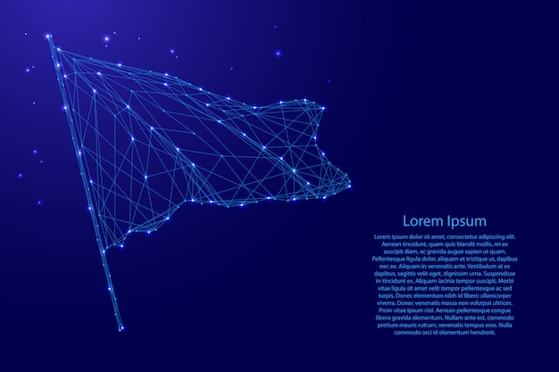 Vector bandera ondeando en el viento de futuristas líneas azules poligonales y estrellas brillantes