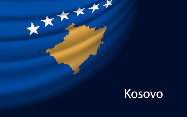 Bandera ondulada de Kosovo sobre fondo oscuro Plantilla de vector de banner o cinta