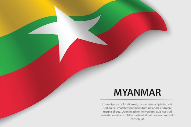 Bandera ondulada de Myanmar sobre fondo blanco Banner o plantilla de vector de cinta para el día de la independencia