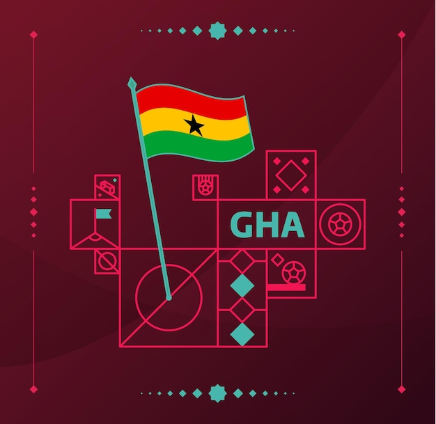 Bandera ondulada vectorial del torneo mundial de fútbol de Ghana 2022 clavada en un campo de fútbol con elementos de diseño Etapa final del torneo de fútbol mundial 2022 Colores y estilo del campeonato no oficial