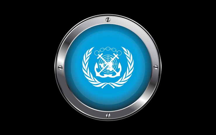 Vector bandera de la organización marítima internacional (omi) imagen vectorial de insignia 3d