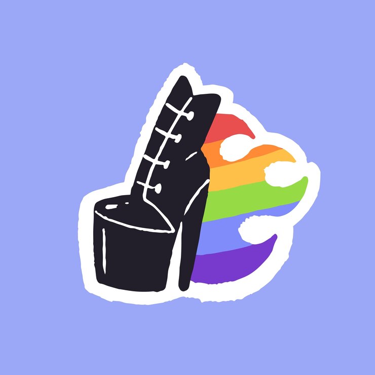 Vector bandera del orgullo homosexual arco iris con zapatos de plataforma de tacón alto símbolo lgbtq sticker aceptación de la orientación sexual género autodeterminación ilustración vectorial plana dibujada a mano aislada