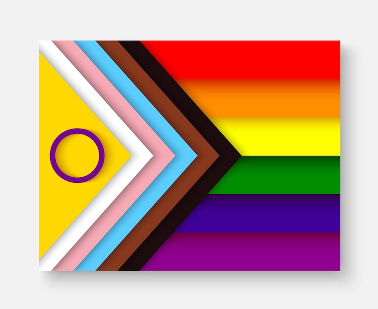 Vector la bandera del orgullo del progreso lgbtq con elemento inclusivo intersexual bandera del arco iris mes del orgullo