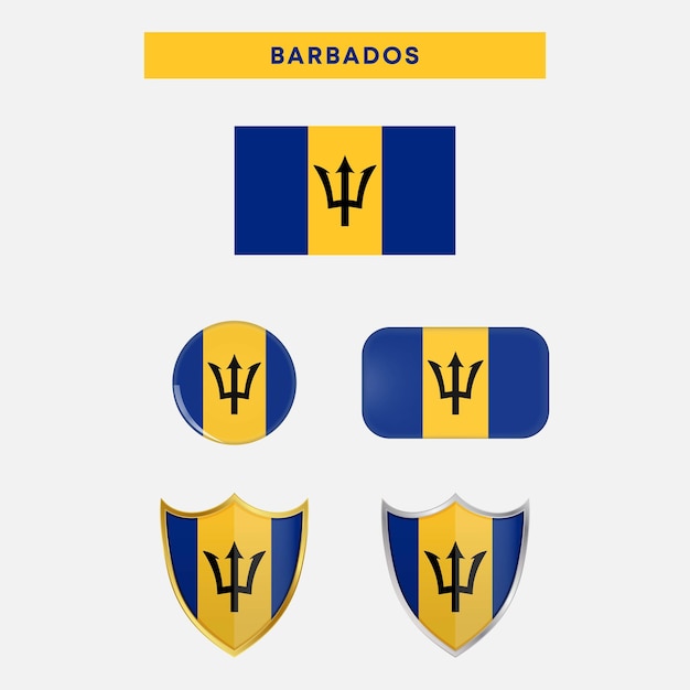 Bandera del país de Barbados diseño vectorial del botón y escudo de la bandera del país