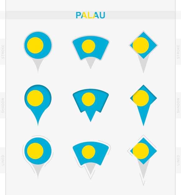 Bandera de Palau conjunto de iconos de pin de ubicación de la bandera de Palau