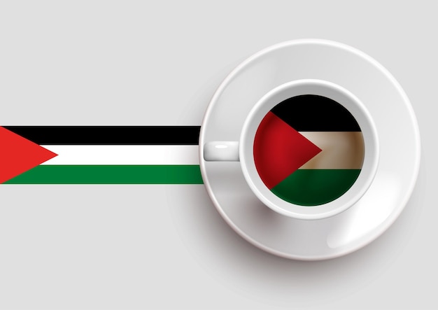 Bandera palestina con una sabrosa taza de café en la vista superior