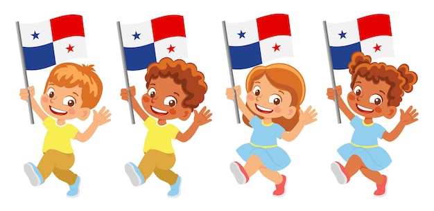 Bandera de panamá en mano. niños sosteniendo la bandera. bandera nacional de panamá