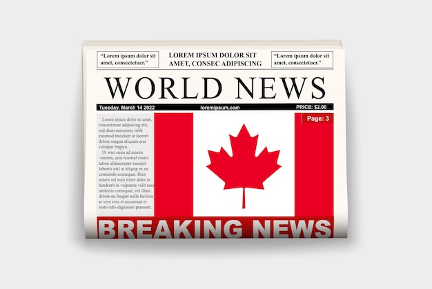 Bandera del periódico del país de canadá noticias de última hora en el titular de la página de la gaceta del concepto de noticias del boletín