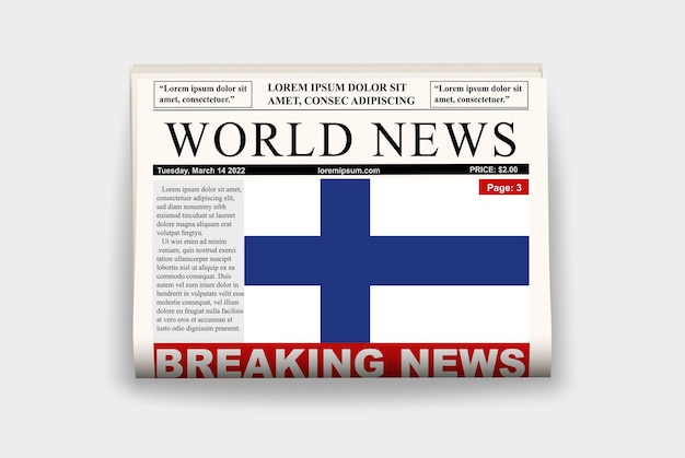 Bandera del periódico del país de Finlandia noticias de última hora en el titular de la página de la gaceta del concepto de noticias del boletín