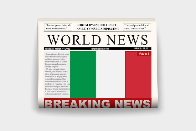 Bandera del periódico del país de italia noticias de última hora en el titular de la página de la gaceta del concepto de noticias del boletín