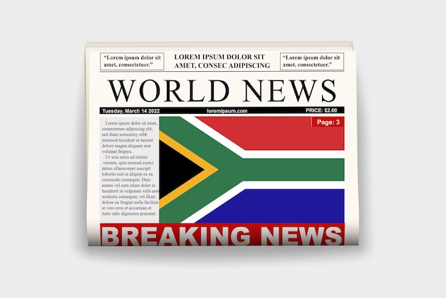 Bandera del periódico del país de sudáfrica noticias de última hora en el titular de la gaceta del concepto de noticias del boletín