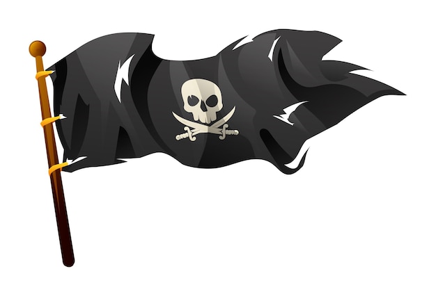 Vector bandera pirata rasgada con calavera y tibias cruzadas ilustración de dibujos animados vectoriales aisladas en fondo blanco