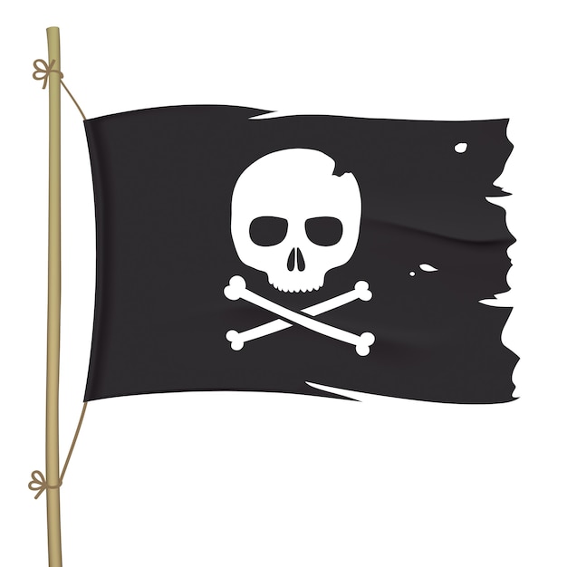 Bandera pirata rota con calavera blanca. Ondeando la bandera negra con tibias cruzadas.