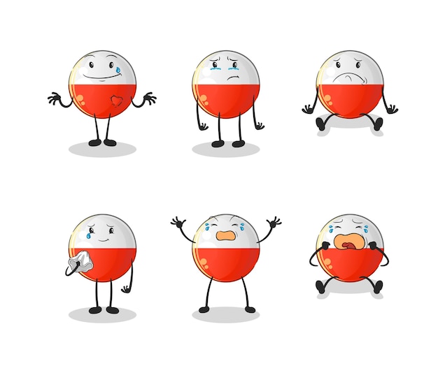 Bandera de Polonia carácter de grupo triste. vector de mascota de dibujos animados