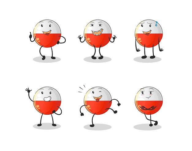 Bandera de Polonia feliz establece el carácter. vector de mascota de dibujos animados