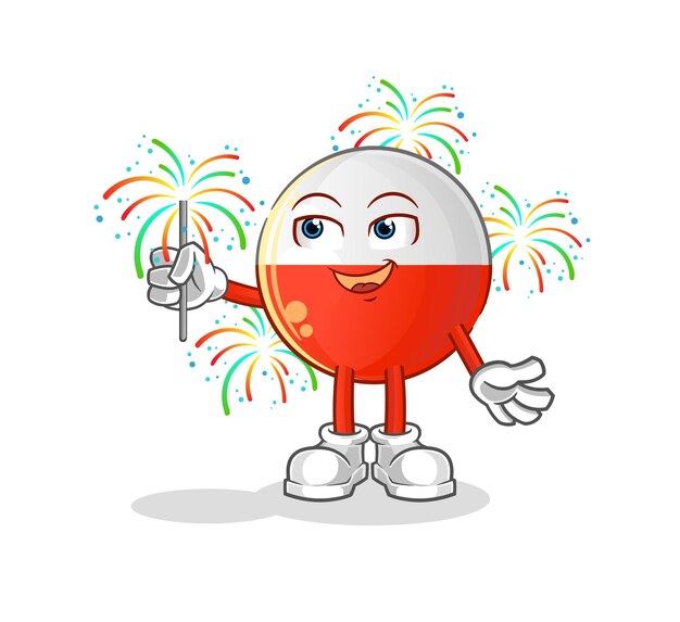 Bandera de Polonia con vector de dibujos animados de mascota de fuegos artificiales