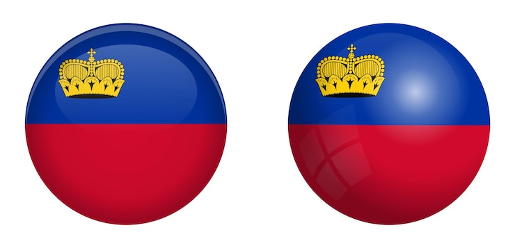 Vector bandera del principado de liechtenstein bajo el botón de cúpula 3d y en esfera / bola brillante.