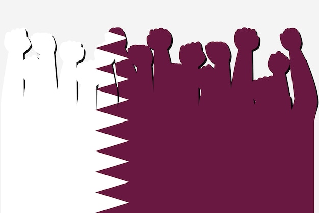 Bandera de qatar con manos de protesta levantadas vector logo de bandera de país concepto de protesta de qatar