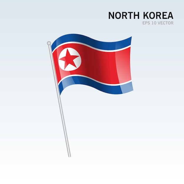 Bandera que agita de Corea del Norte aislada en fondo gris