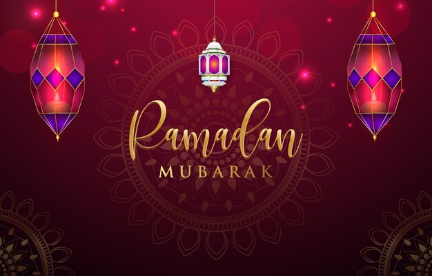 Vector bandera de ramadán mubarak con ornamento islámico y diseño de fondo rojo y púrpura con gradiente abstracto