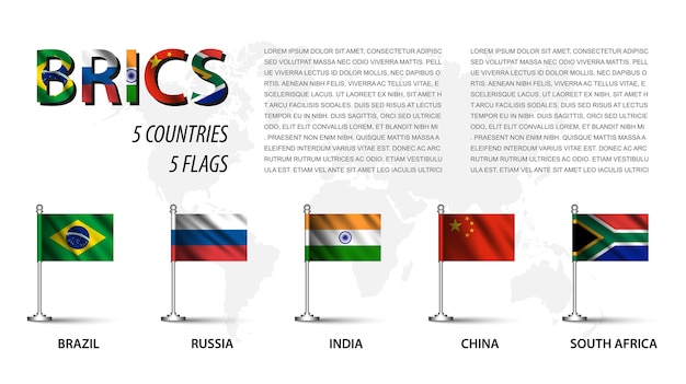 Vector bandera realista de brics y membresía con asta de bandera