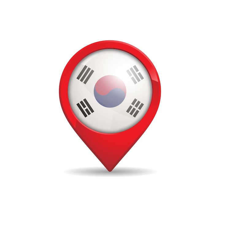 Vector bandera realista de corea del sur con ilustración vectorial del pin del mapa