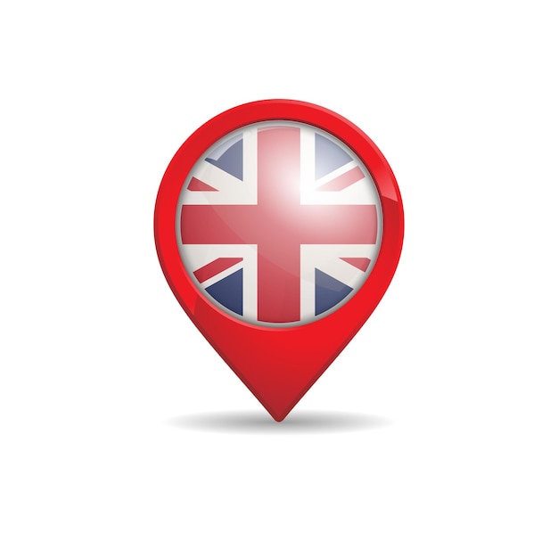 Bandera realista de Inglaterra Británica con una ilustración vectorial del pin del mapa